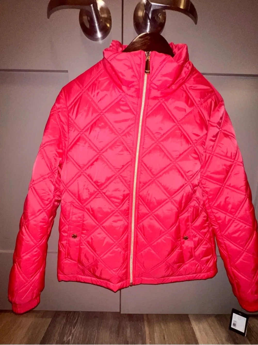 kate spade Quilted Bright Red Diamond Puffer Jacket with Hood